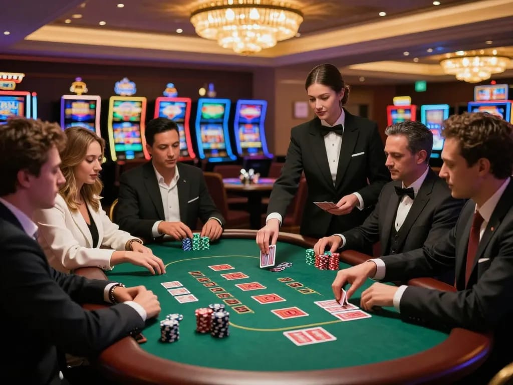 Thrilling blackjack action at thabet casino table with players and dealer focused on gameplay