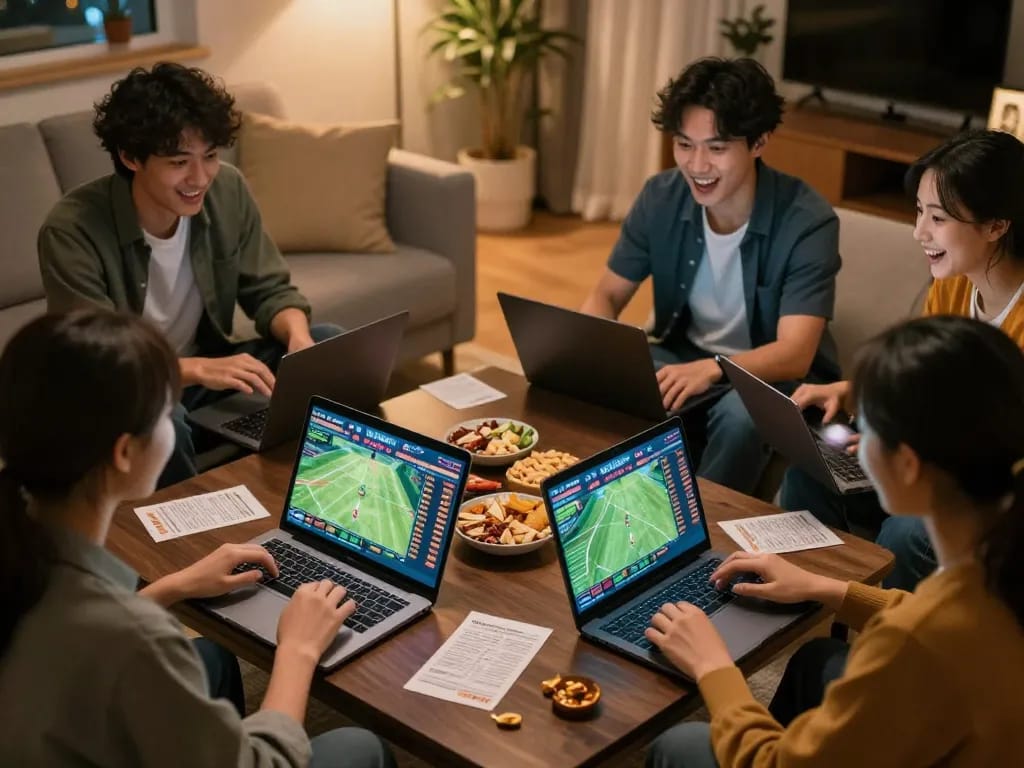 Engaging home scene with friends using Đăng Nhập FB88 for online sports betting, creating an exciting night of friendly competition.