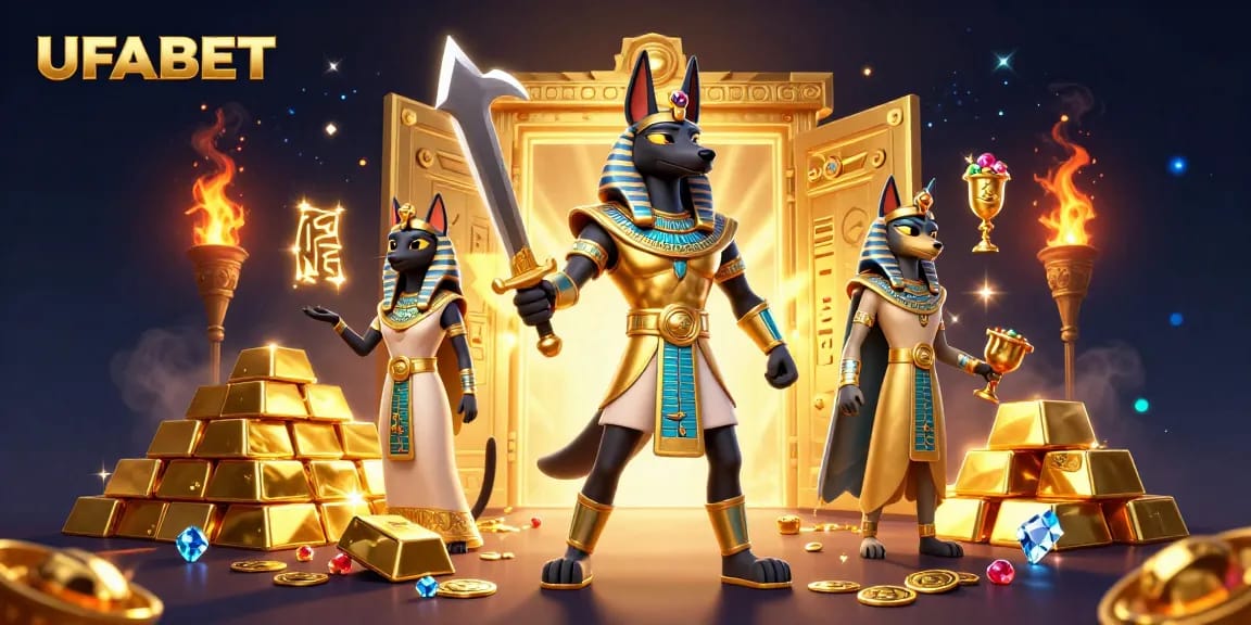 Win big with UFABET's thrilling 3D casino battle featuring Anubis and Bastet surrounded by treasures.