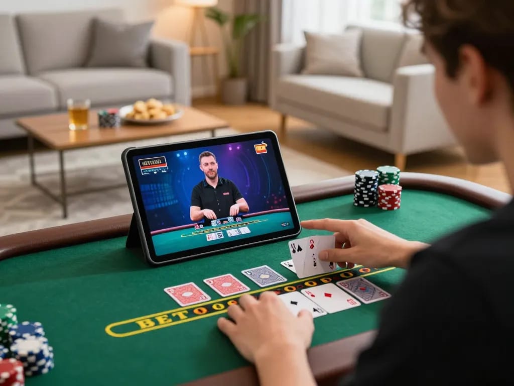 Engaging in live dealer blackjack on a tablet while enjoying u888 gaming experience at home.