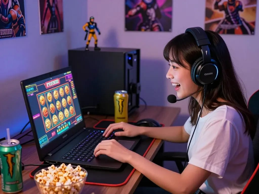 Excited gamer playing slot via qris on laptop with colorful game graphics.