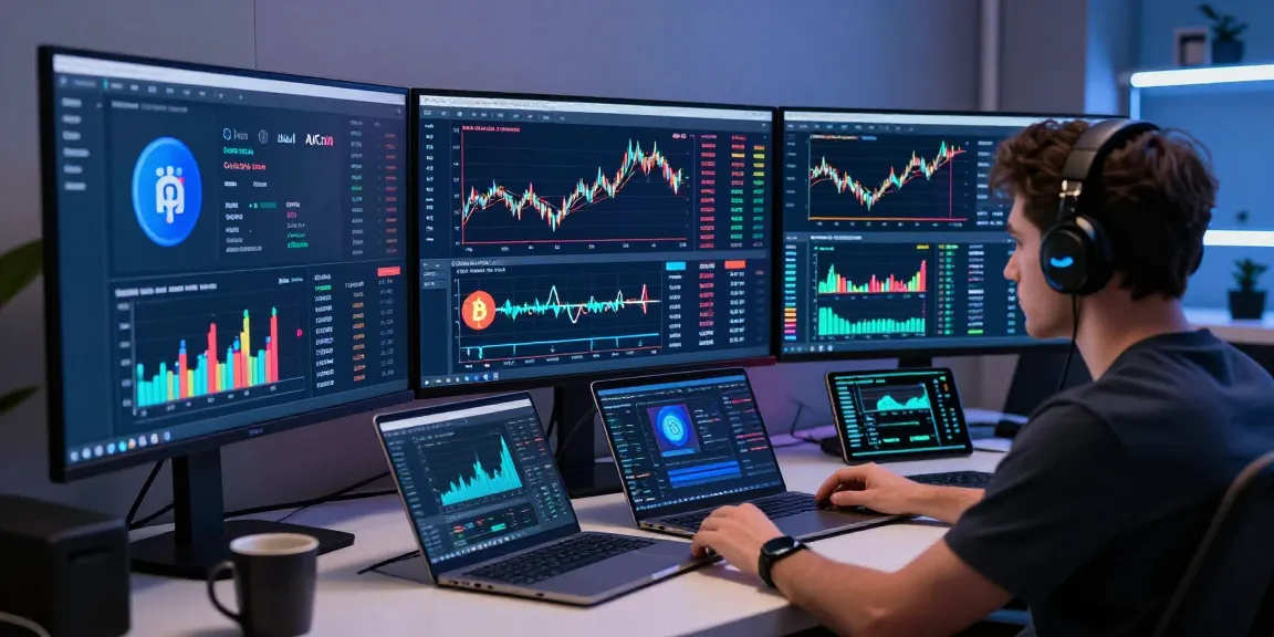 分析 aicoin 加密货币实时数据的专业交易室，展示先进交易界面的现代化工作环境