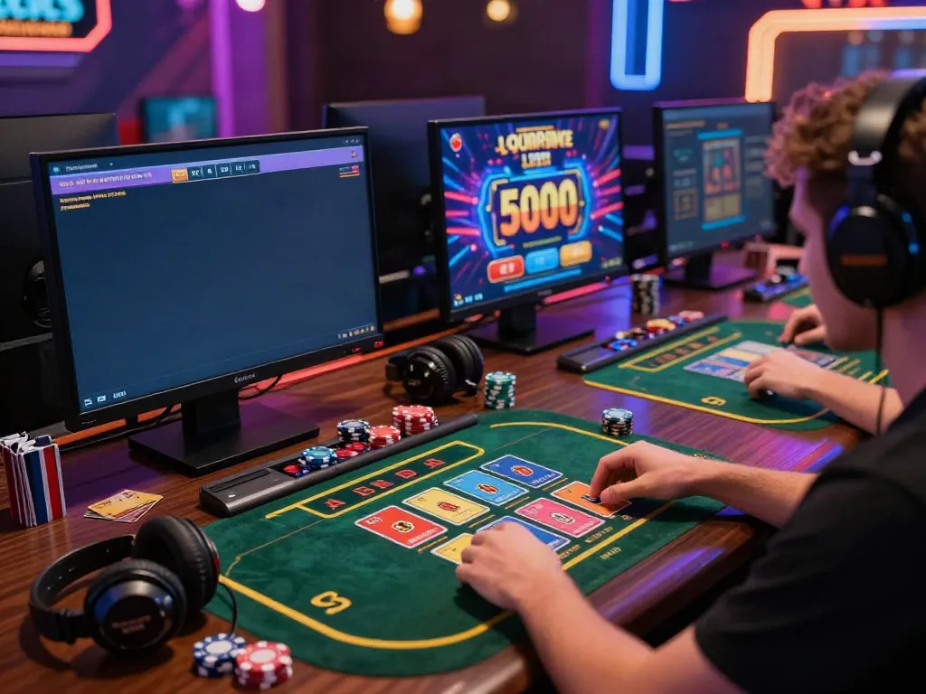 Engaging player experiencing online credit card casino sites with vibrant graphics and accessories.
