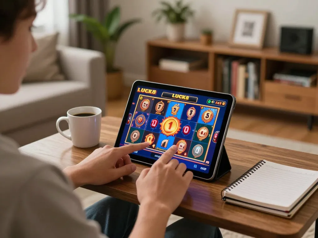 LUCK8 player celebrating a win while gaming on a tablet in a cozy living room setting