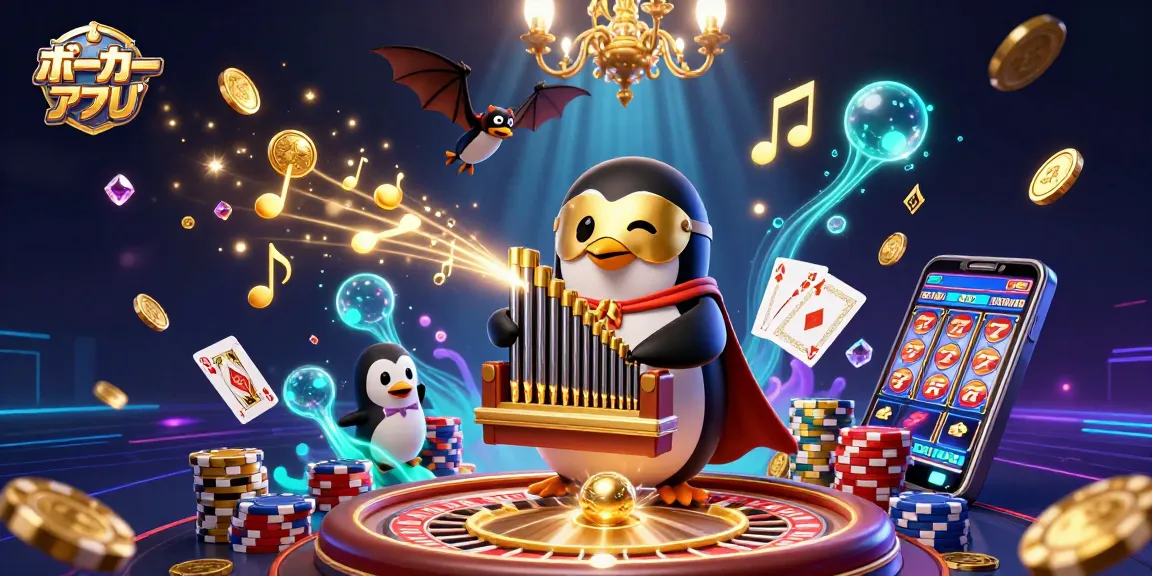 ポーカーアプリで遊ぶカートゥーン風のペンギンとバットのアクロバットが描かれた賑やかな画像