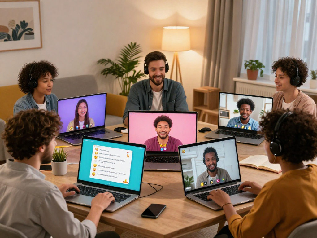 Diverse individuals chatting online in engaging porn chat ai environment with modern devices and cozy settings.