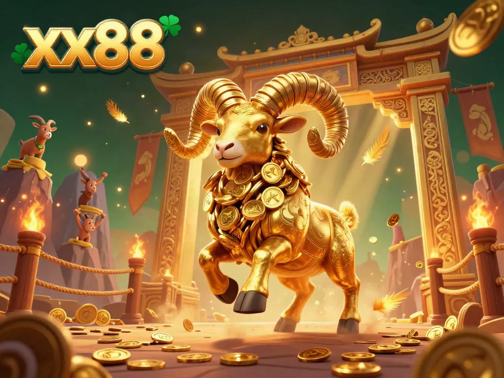 Engage in thrilling gameplay with xx88, featuring a golden ram charging through a dynamic casino arena.