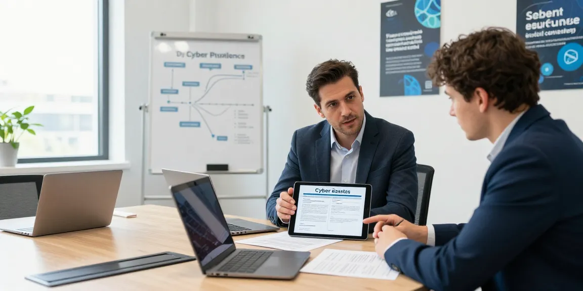Consultants explaining cyber essentials renewal process to business owner in a modern office setting