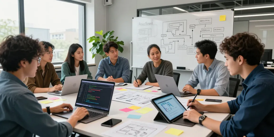AI Product Engineering services showcased in a vibrant workspace with a collaborative team brainstorming innovative solutions.