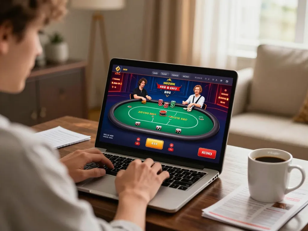 Player engaging with 88clbgo's online casino poker game interface in a cozy home setting