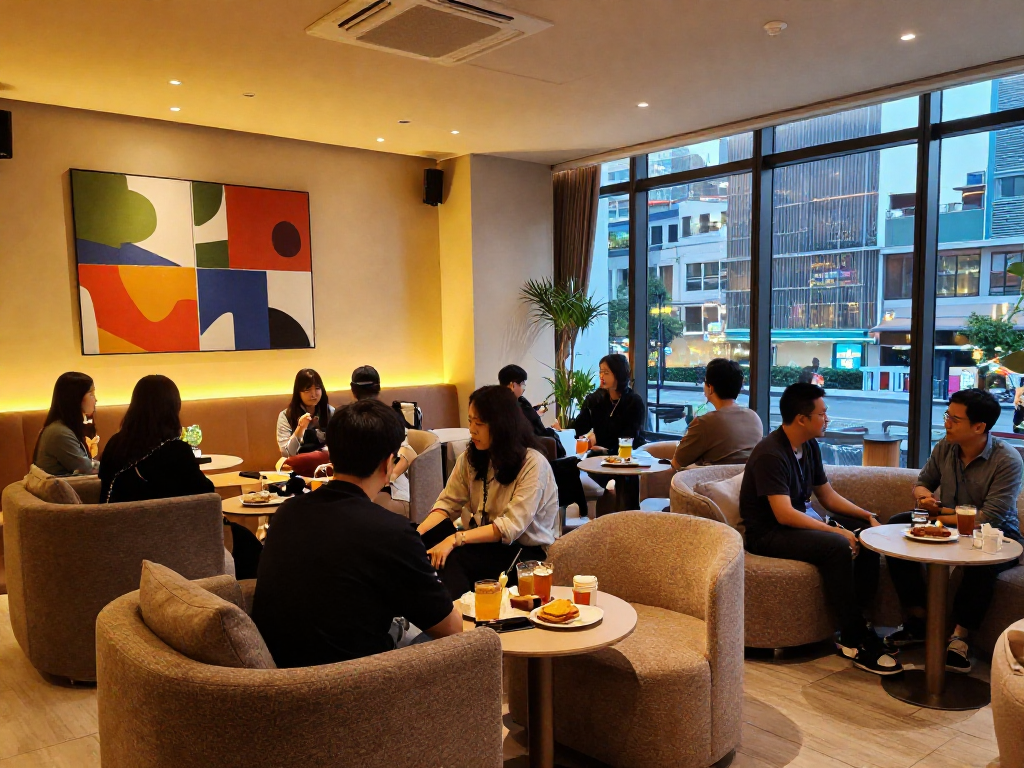 강남쩜오 멀리건의 쾌적한 라운지 공간, 아늑한 조명 아래 편안하게 대화하는 손님들 모습