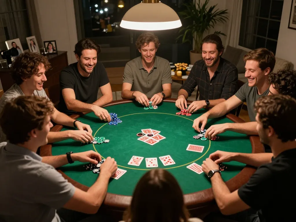 Players enjoying a lively poker night at home with friends, reflecting the community vibe of 68gamebaivn gaming