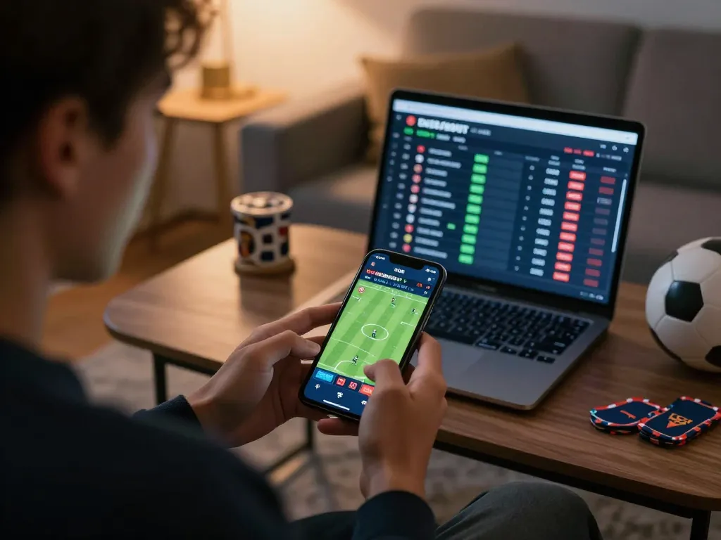 Person placing sports bets on fabet app, capturing the excitement of live betting during a game.