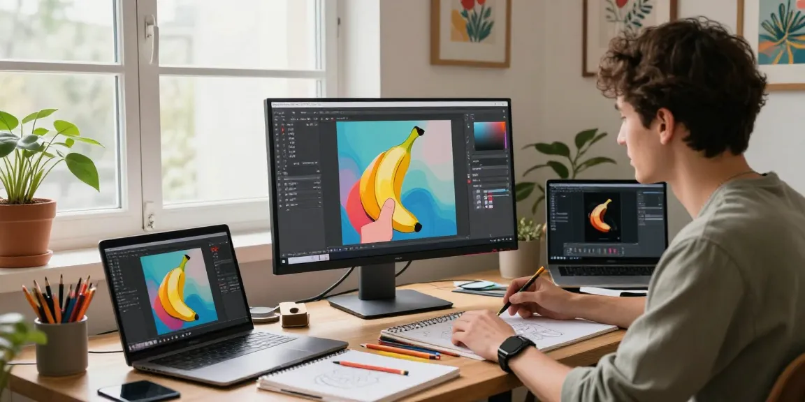 Digital artist creating vibrant artwork with nano banana pro AI image editor in a creatively inspiring workspace.