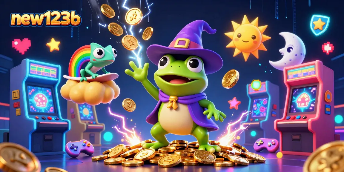 Win big with new123b as a wizard frog conjures golden coins in a vibrant casino scene.
