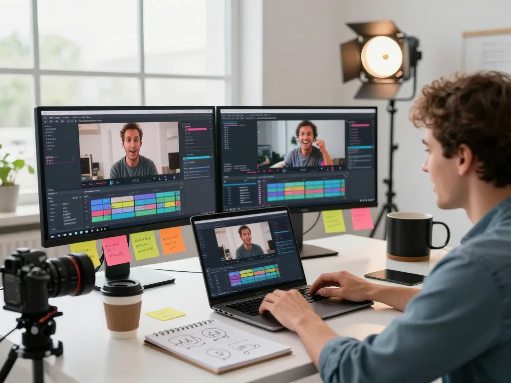 Engaging workspace showcasing a video to promptgenerator analysis in action with monitors displaying AI video prompts.