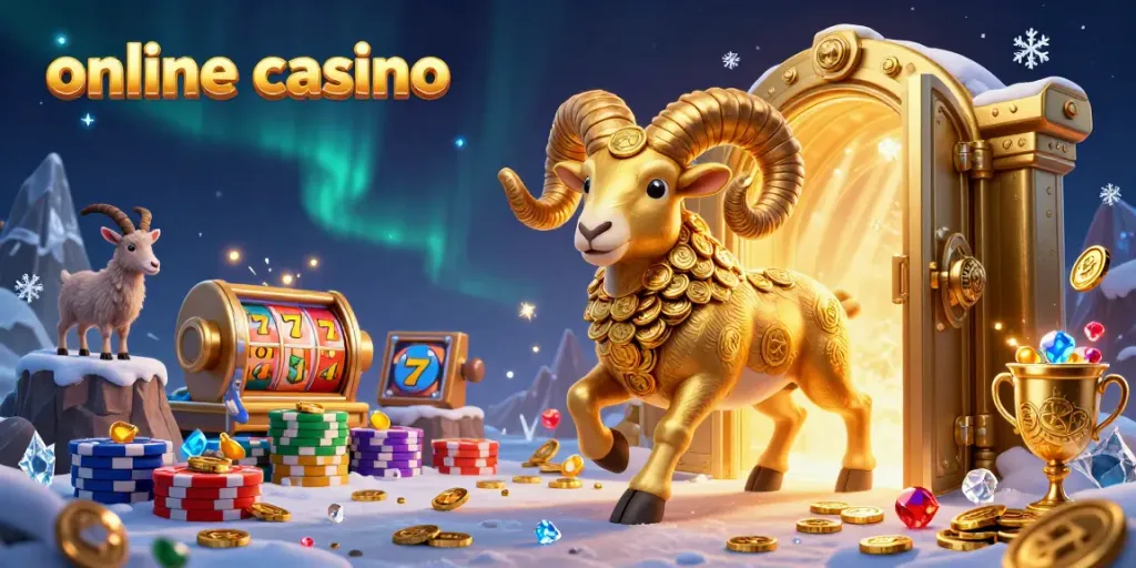 Experience vibrant action at an online casino, featuring a golden ram charging through a treasure-filled scene.
