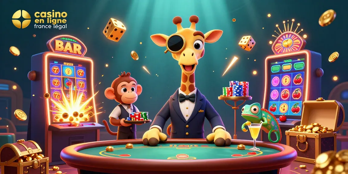 Vivez des sensations fortes et de l'excitation au casino en ligne France légal avec la girafe high-roller, le voiturier singe et le barman caméléon