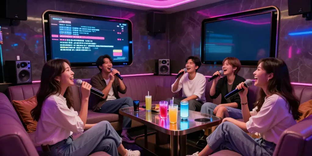 강남 달토 가라오케의 화려한 분위기와 친구들이 노래하는 모습