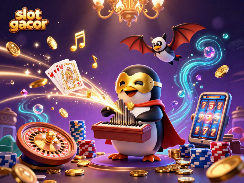 Engage with slot gacor at this vibrant 3D casino scene featuring a penguin and golden coins.