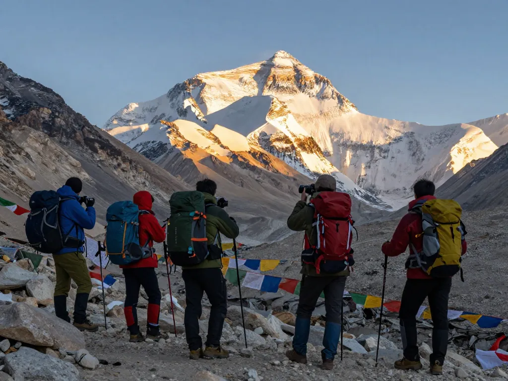 Everest Base Camp trekkers enjoying breathtaking views of Mt. Everest and surrounding peaks during sunset