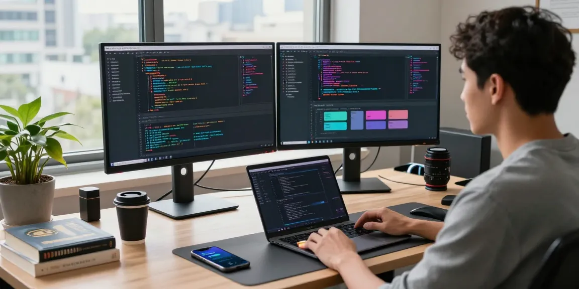 Developer coding on dual monitors at telegraimin.com workspace with natural light and tech accessories.
