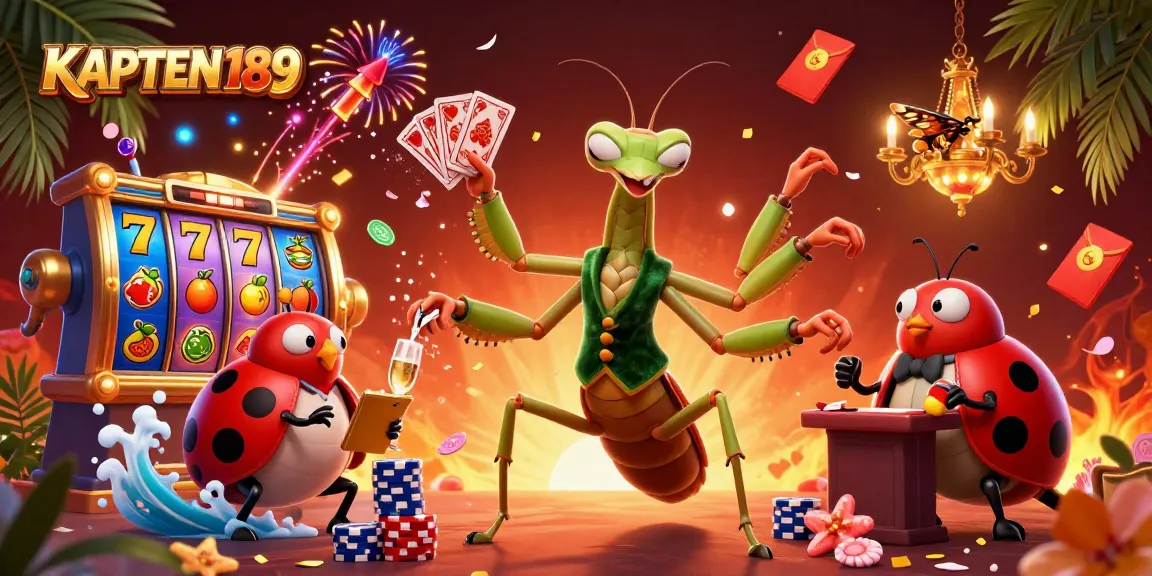 KAPTEN189 hadir dalam ilustrasi slot online yang dinamis dengan karakter menarik dan elemen keberuntungan.