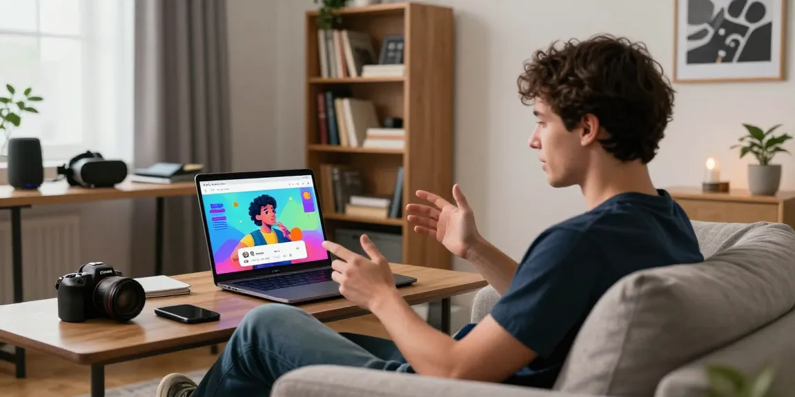 Engaging in NSFW AI chat on a laptop in a cozy modern office setting with tech gadgets.
