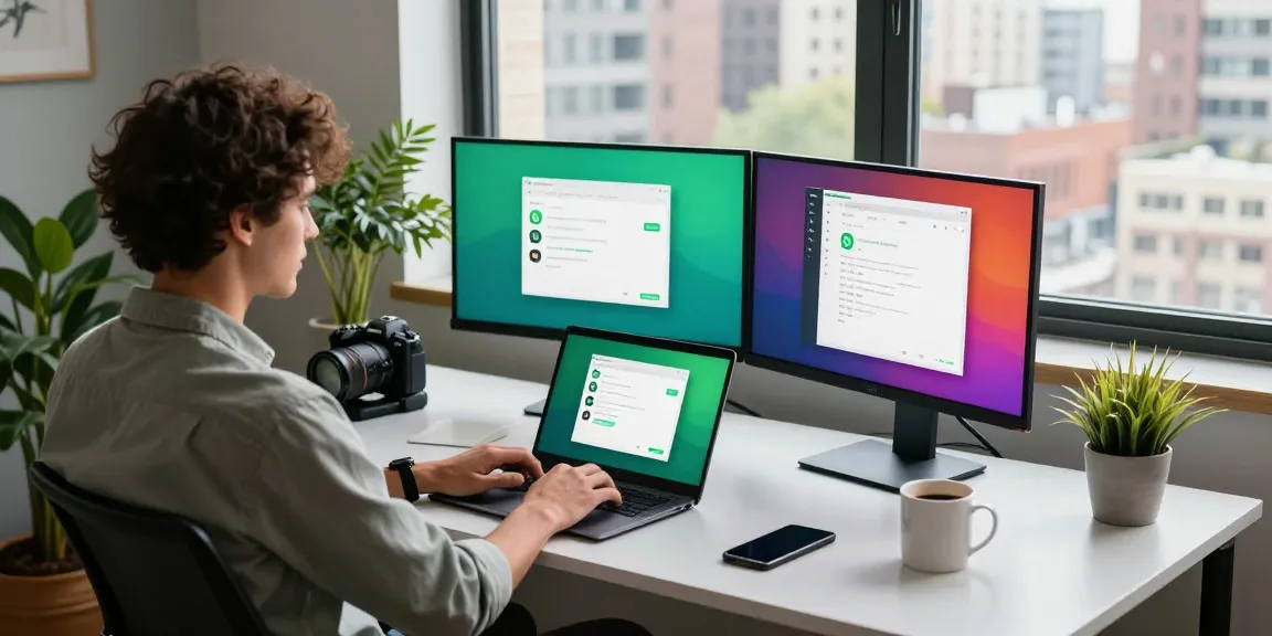 Focused developer using WhatsApp網頁版 on dual monitors in a modern office.