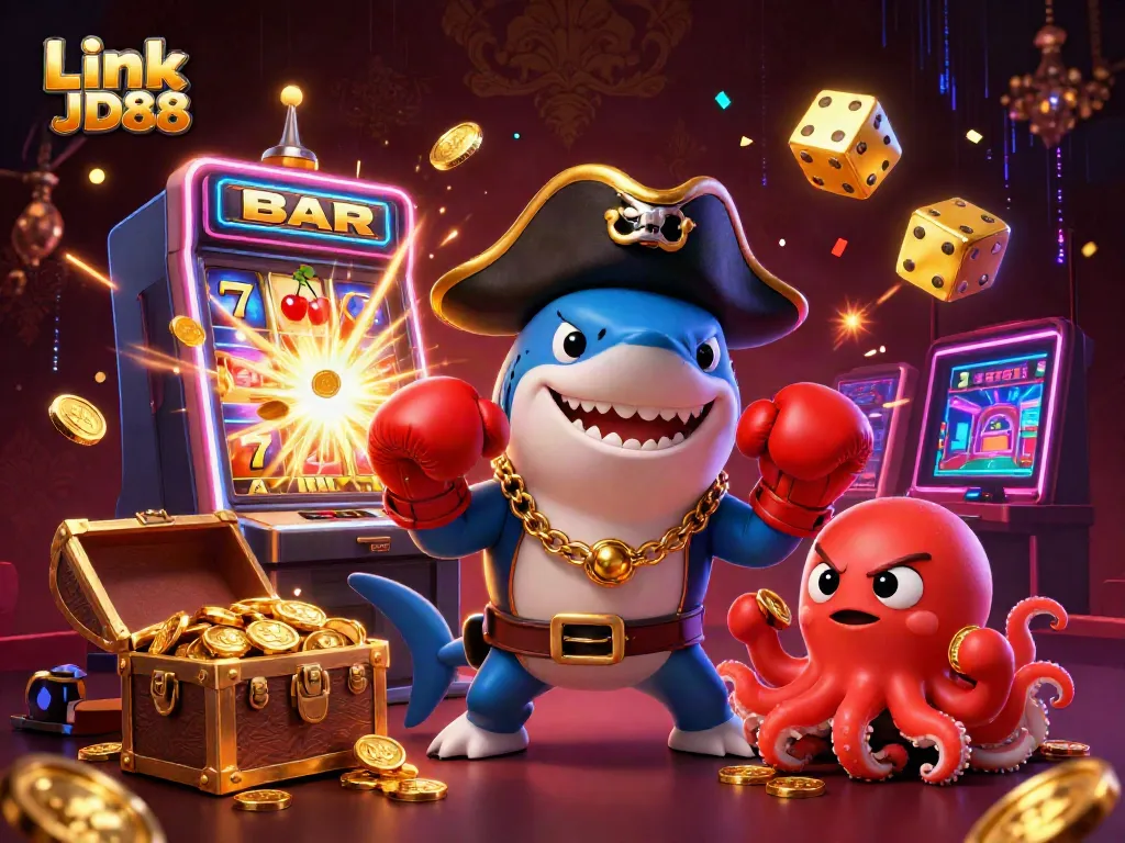 Experience thrilling action at Link JD88 with a vibrant 3D casino scene featuring dynamic characters and jackpot elements.