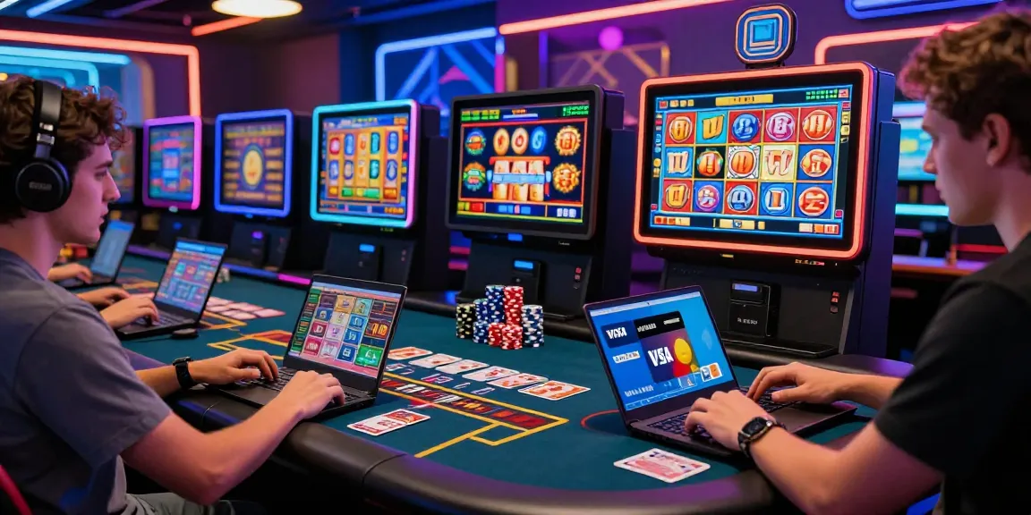 Exciting gaming environment showcasing credit card casinos like https://brcs.co.uk/, with players using laptops and vibrant game graphics.