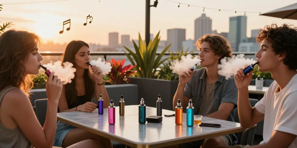 Group of friends enjoying various 電子菸主機 at a sunset rooftop lounge, capturing modern vape culture.