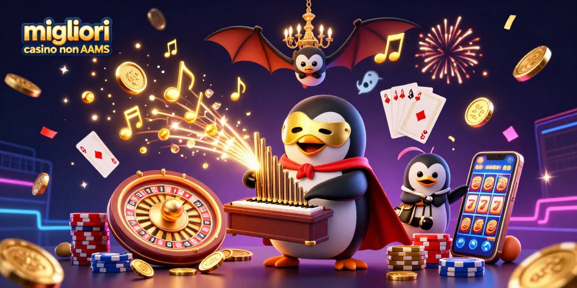 Giocando nei migliori casino non AAMS, un pinguino fantasma in maschera d'oro e un pipistrello acrobata si esibiscono.