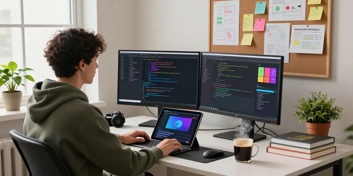 Developer working on Advanced Android animations and MotionLayout in a cozy workspace filled with design tools and vibrant screens.