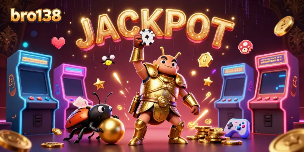 Experience thrilling jackpots with bro138 in this vibrant 3D cartoon illustration of casino excitement.