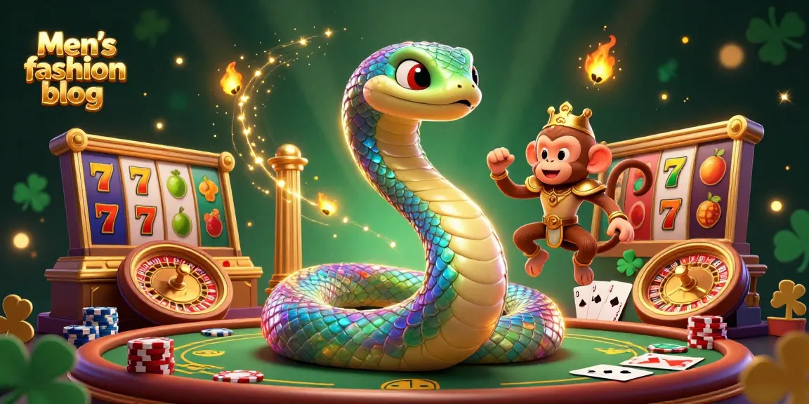 Engage in thrilling gameplay on Men’s fashion blog with vibrant casino elements featuring a rainbow serpent and a monkey king.