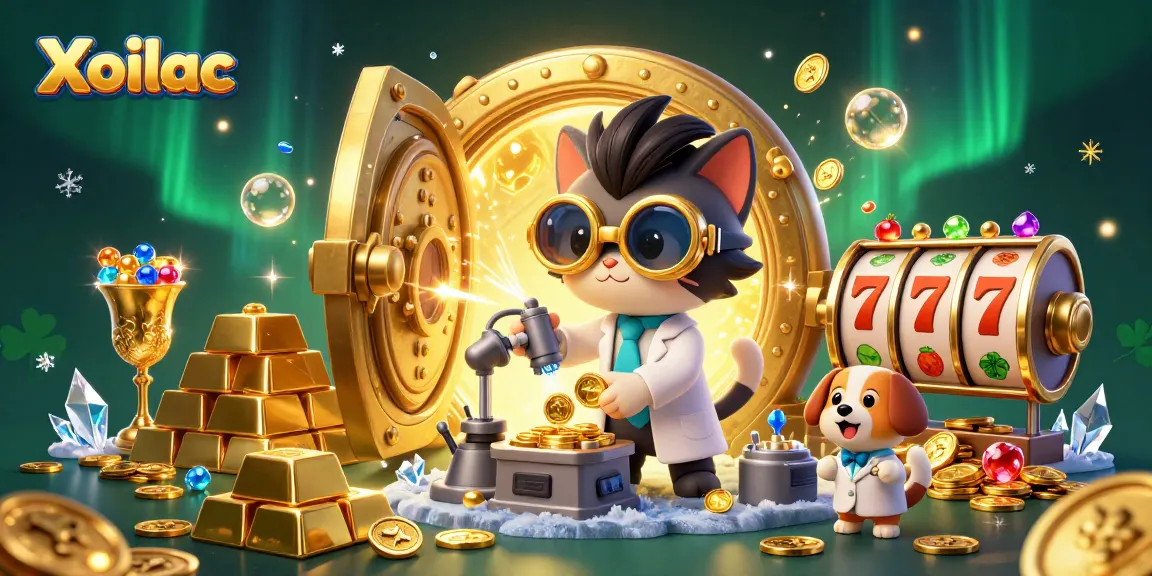 Xoilac's thrilling slots adventure features a mad scientist cat amidst gold coins and gleaming slot reels.