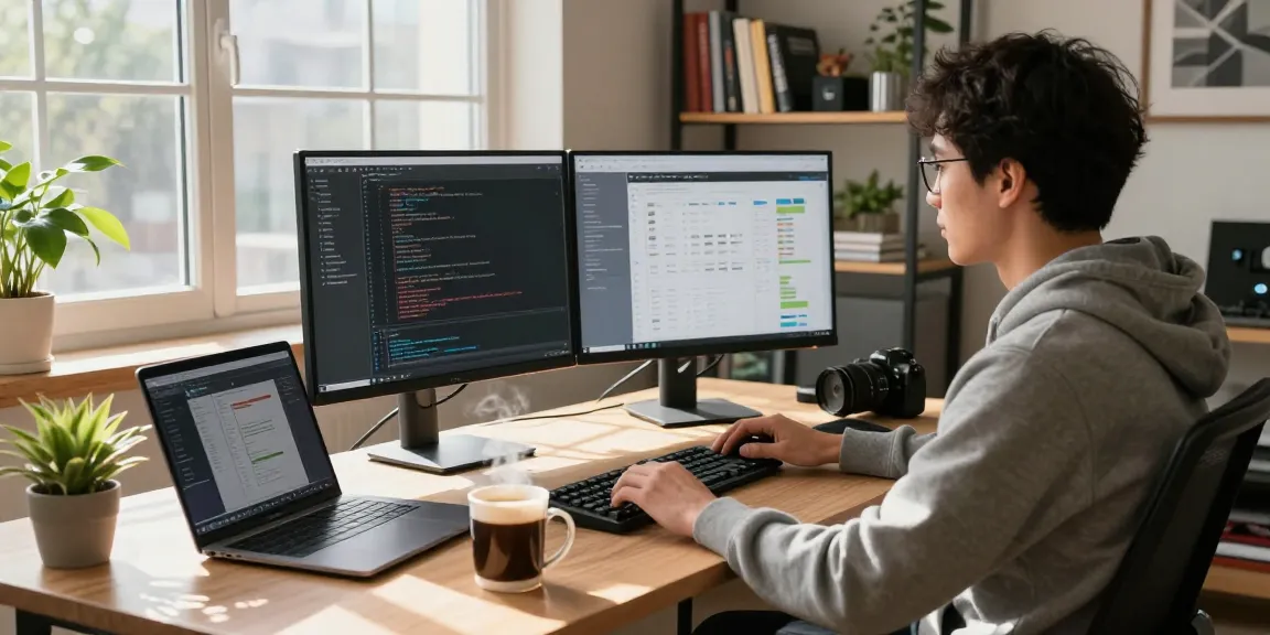 Developer coding in a modern workspace, showcasing 纸飞机中文版 software interface on dual monitors and natural light.