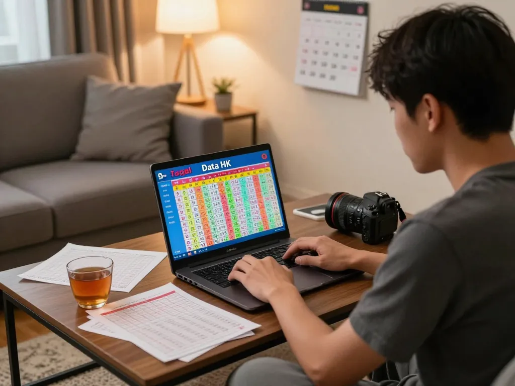 Player analyzing Data HK results in cozy living room with charts and laptop.