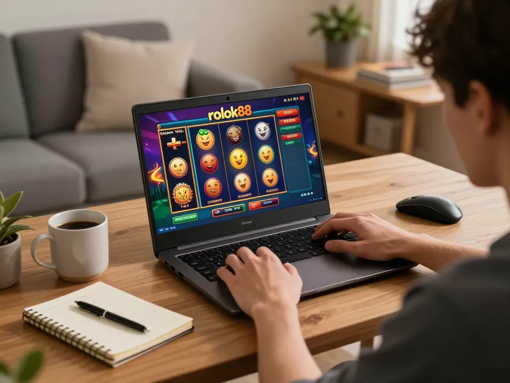 Play rokok88 slot games on a laptop while strategizing in a cozy home setting.