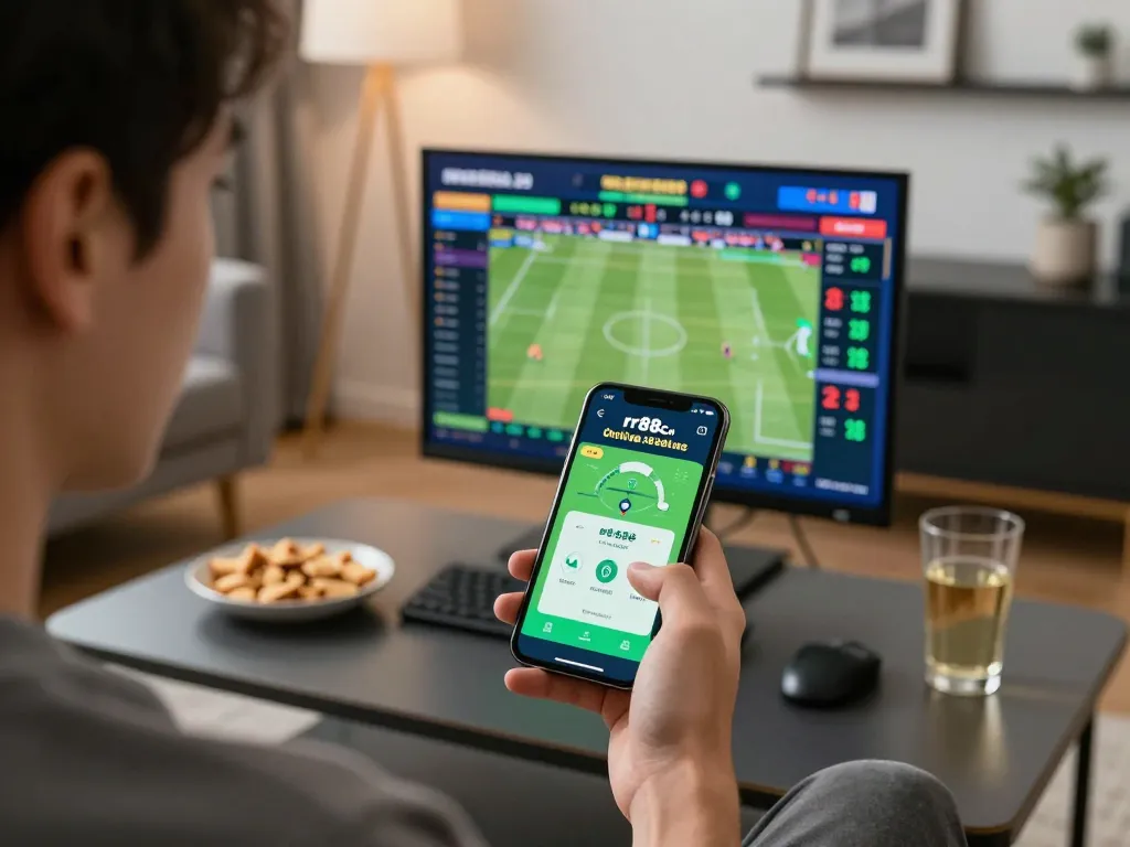 Placing live bets using rr88co app on smartphone in a cozy home setting.