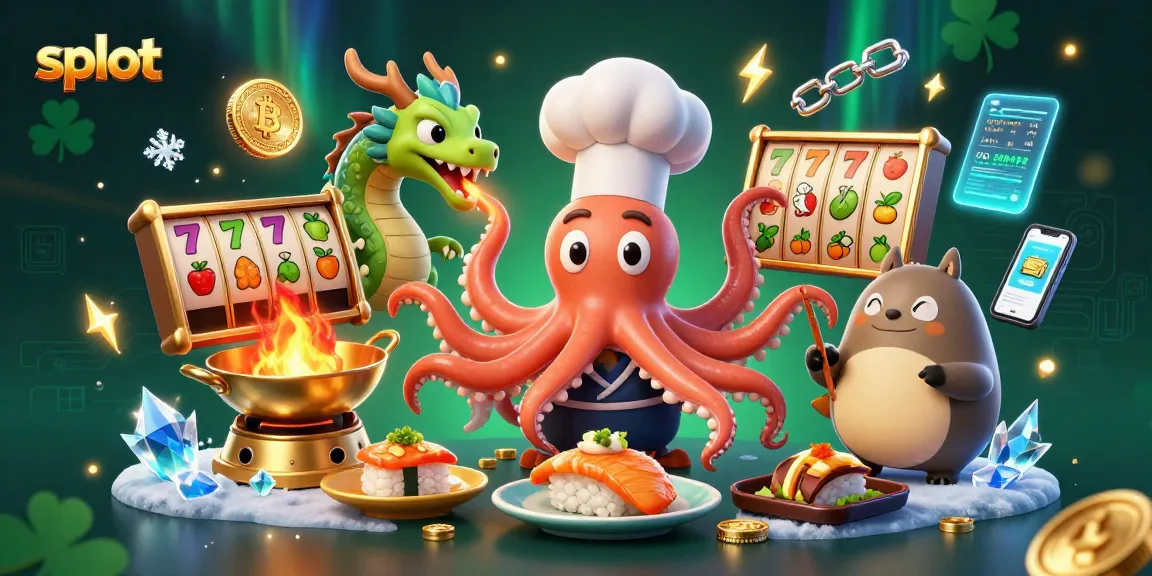 Spin the slot reels in a vibrant 3D illustration of an octopus chef, dragon, and tanuki!