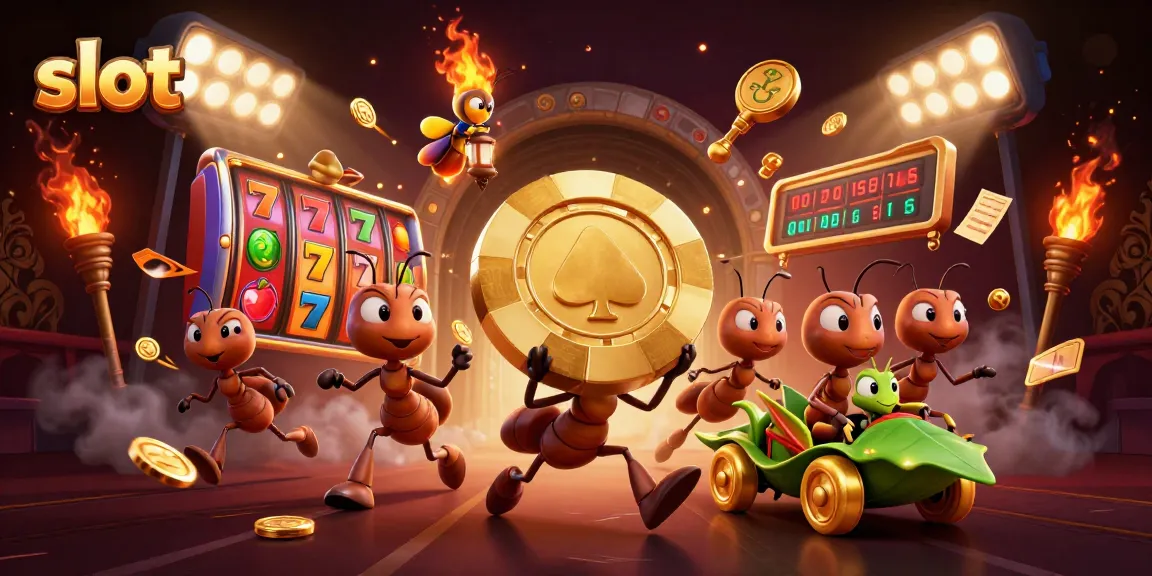 Spin exciting slot reels featuring ants on a heist with dynamic elements in a vibrant casino scene