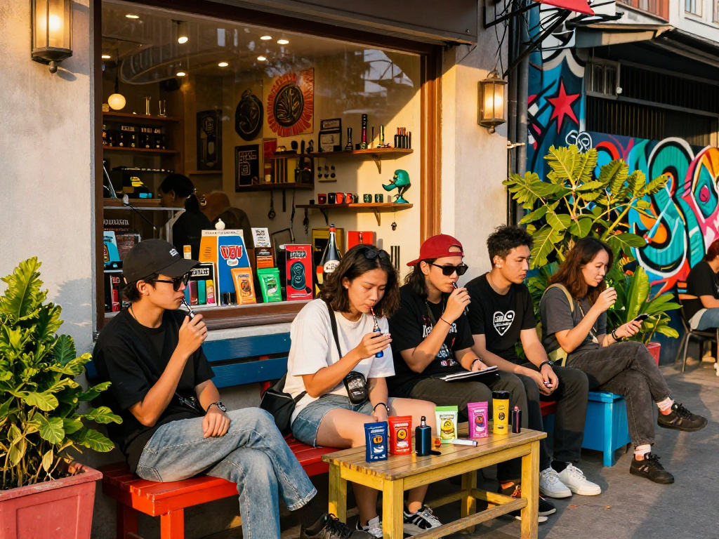 Group of friends enjoying rokok 88 products outside a trendy smoke shop.
