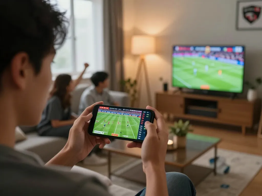 Engaged bettor using keonhacaii88 app to place live sports bets during an exciting match.