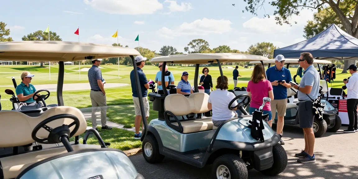 Used golf cart for sale near me at a vibrant golf course, families inspecting various models.