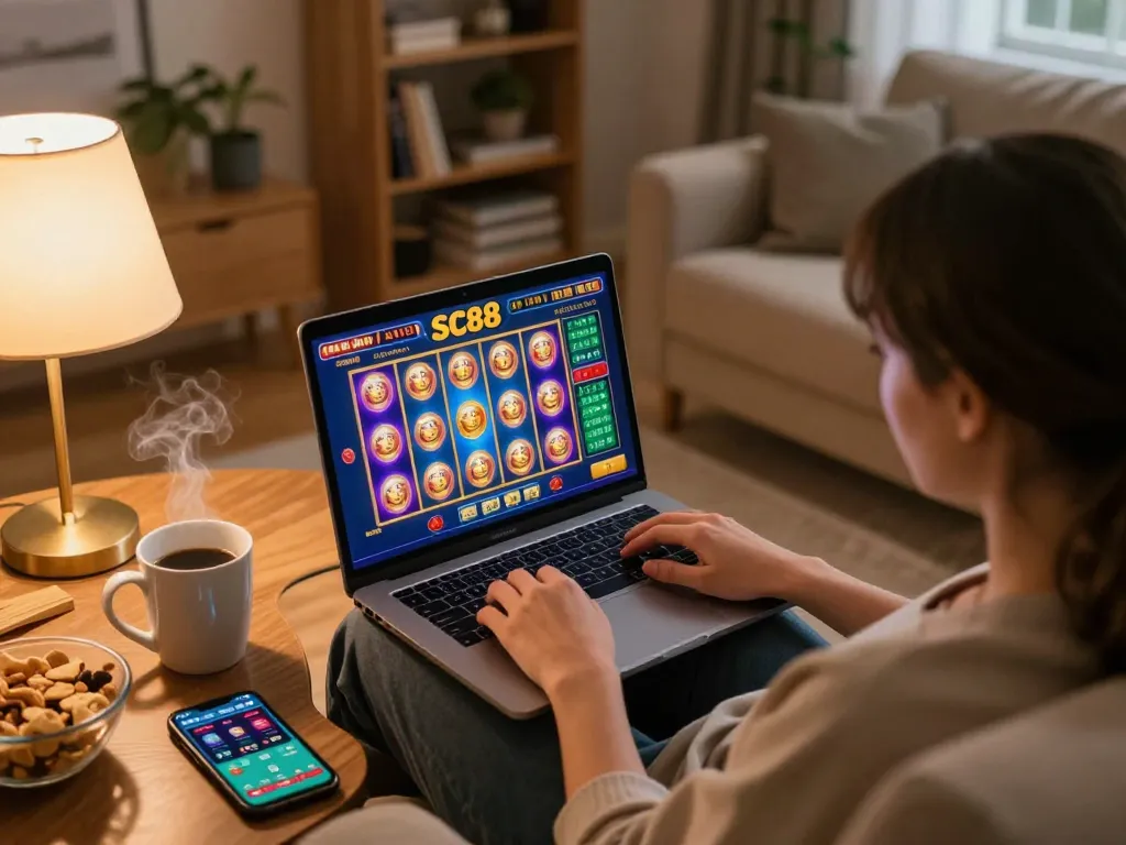 Engaging in SC88 online gaming from a cozy home setup with laptop, drinks, and snacks