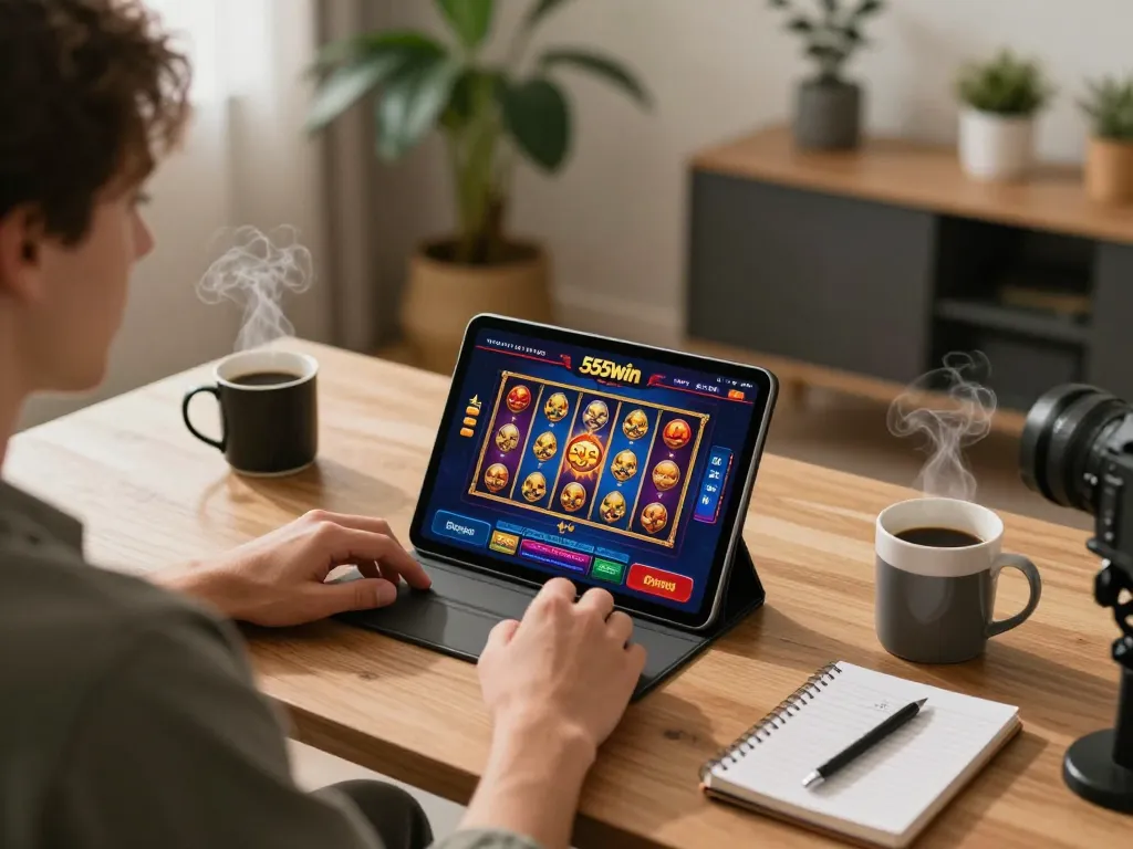 Engaging experience at 555win casino app on tablet, showcasing online gaming excitement with cozy ambiance.