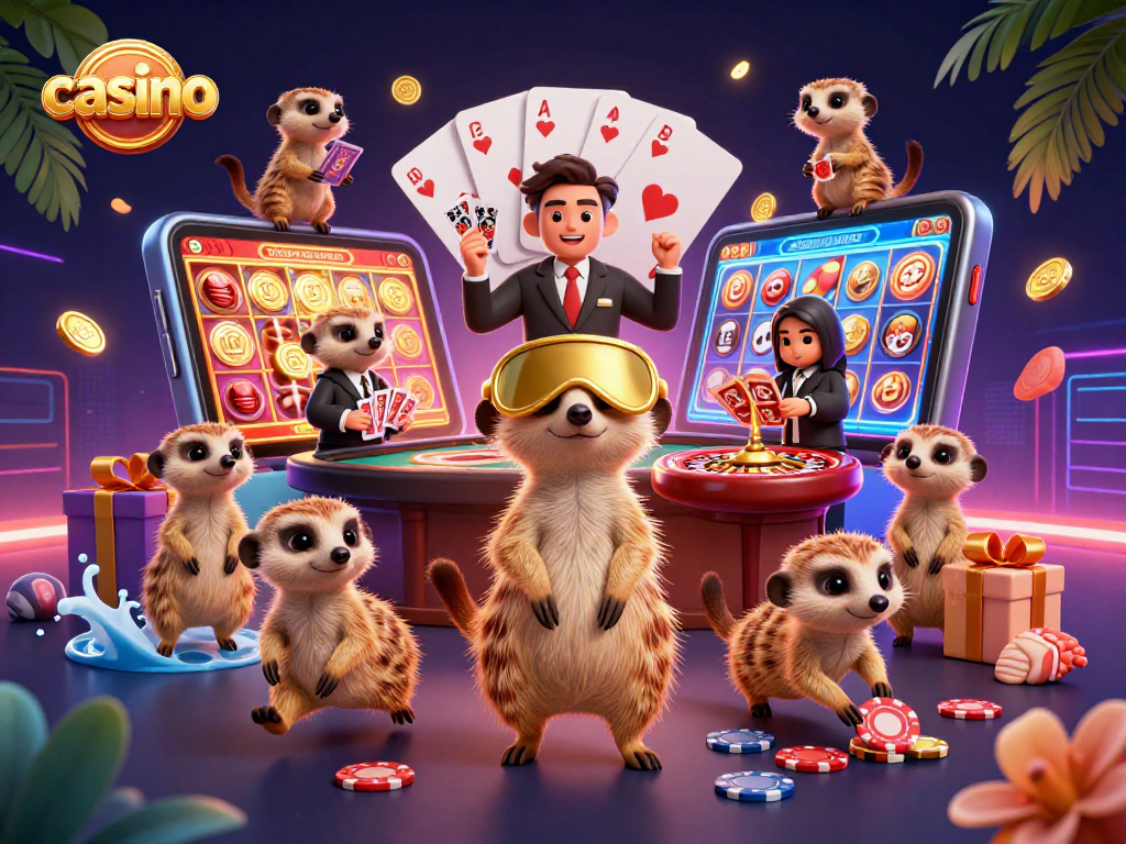 Dynamic meerkat casino scene with colorful games and lively action showcasing a vibrant casino atmosphere.