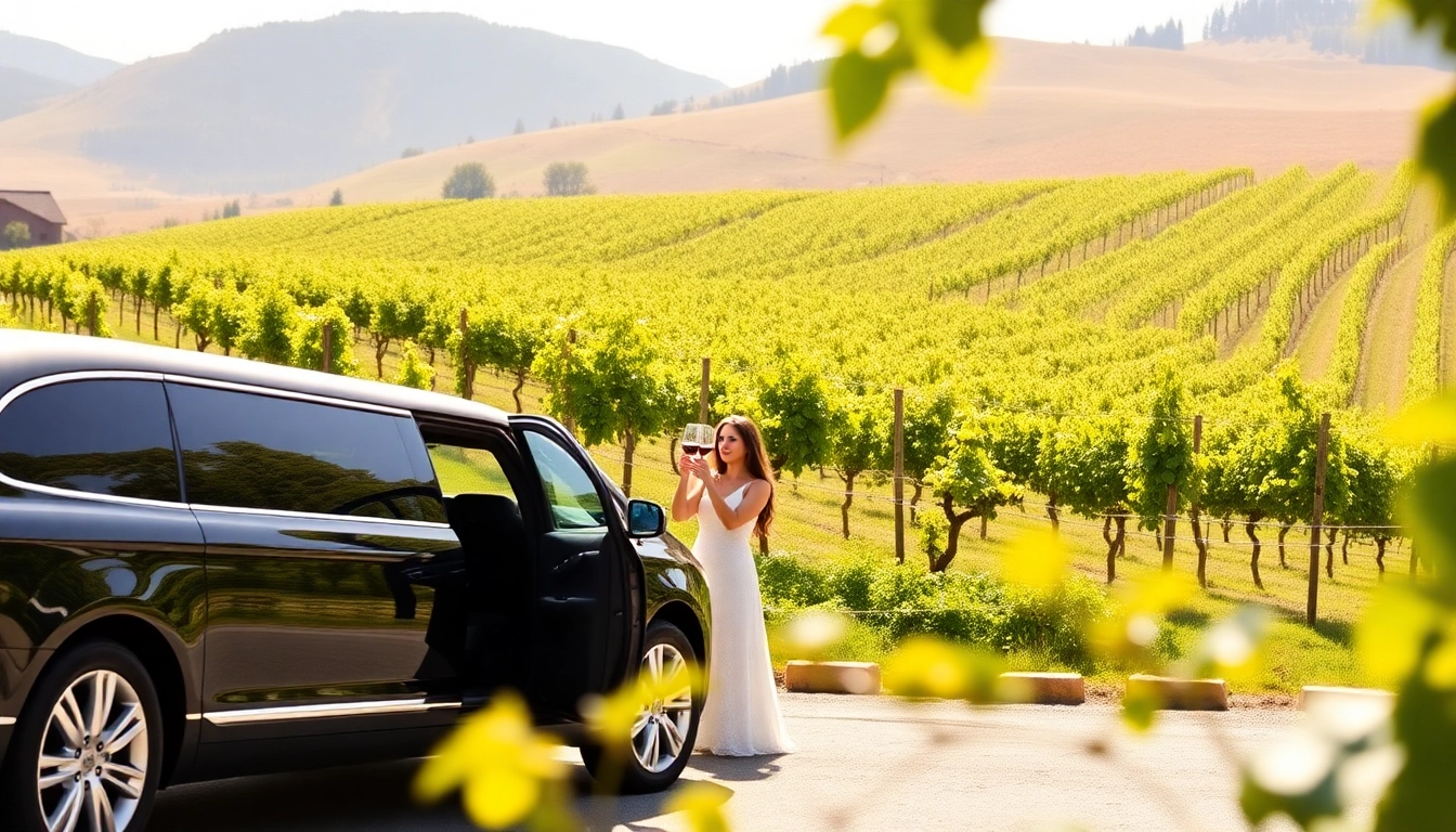 Enjoy langley wine tours with a luxurious limo parked amidst beautiful vineyards, capturing a serene atmosphere.